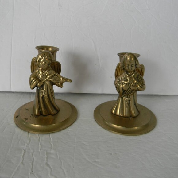 Lot of 2 Vintage Brass Angels HARPS INSTRUMENTS  Candle Holders SMALL 3.5"TALL - Picture 1 of 5
